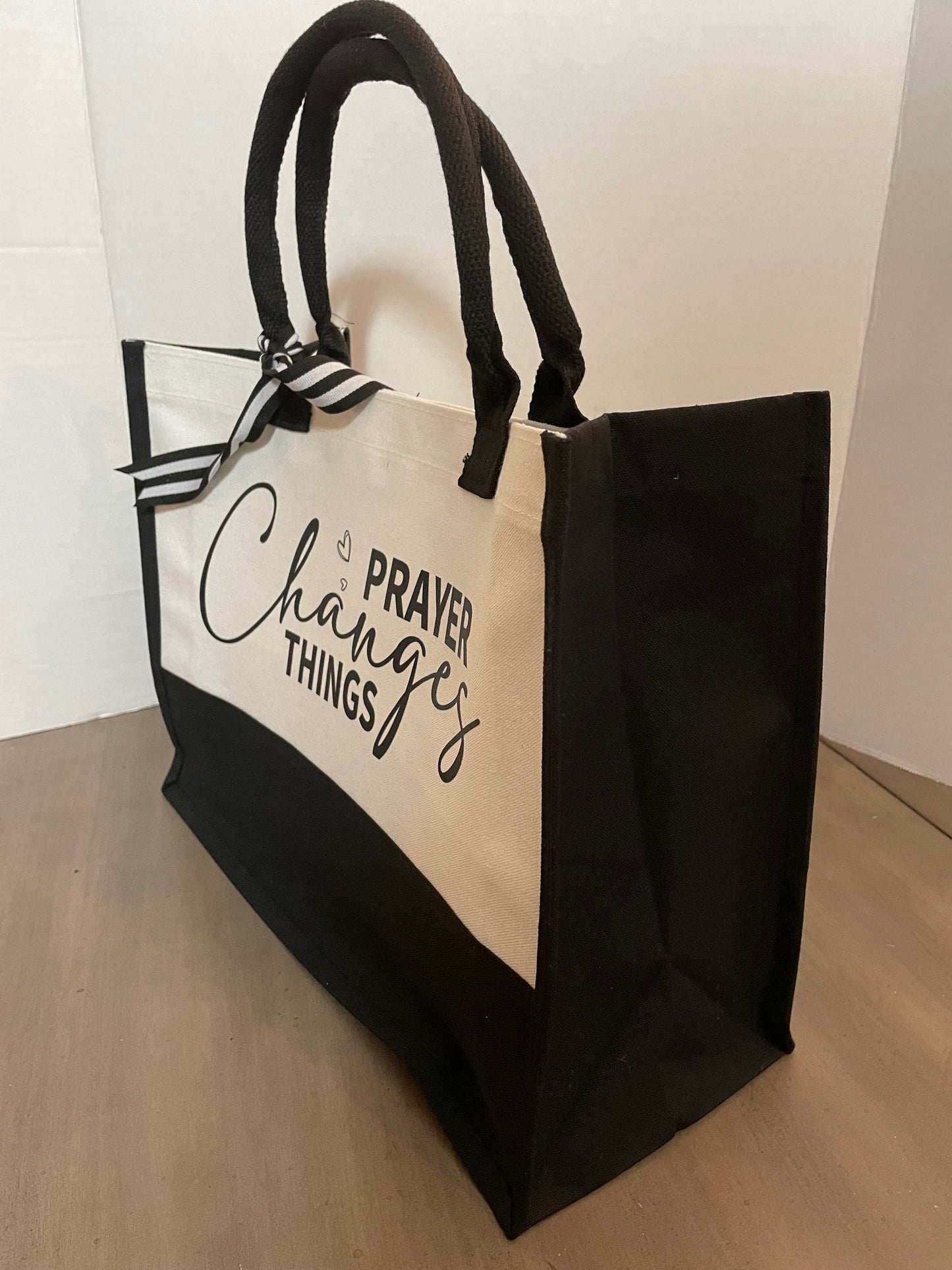 Black and White Jute Tote Bag