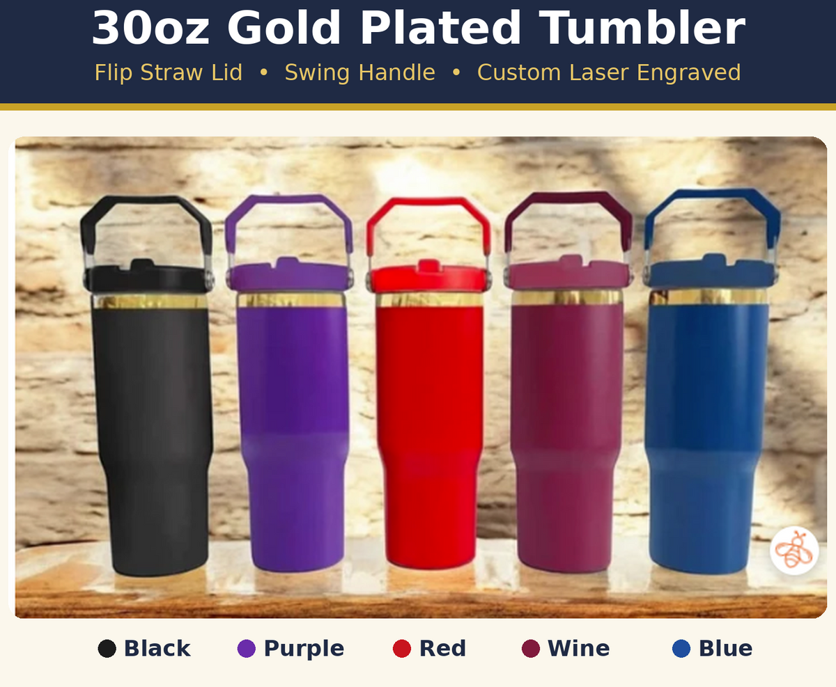 RSF 30oz Gold Plated Flip Straw Tumbler with Swing Handle with RSF logo