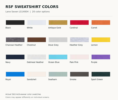 RSF sweatshirt: actual S&S color swatches for all 20 Lane Seven LS14004 colors
