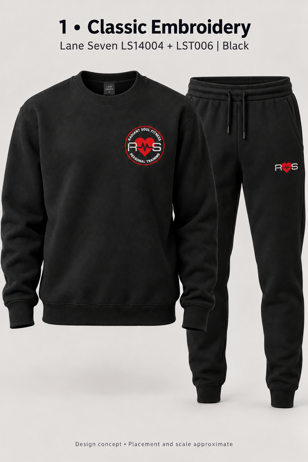 RSF black crewneck and jogger set with left-chest logo and small horizontal R heart S logo on joggers. Concept mockup.