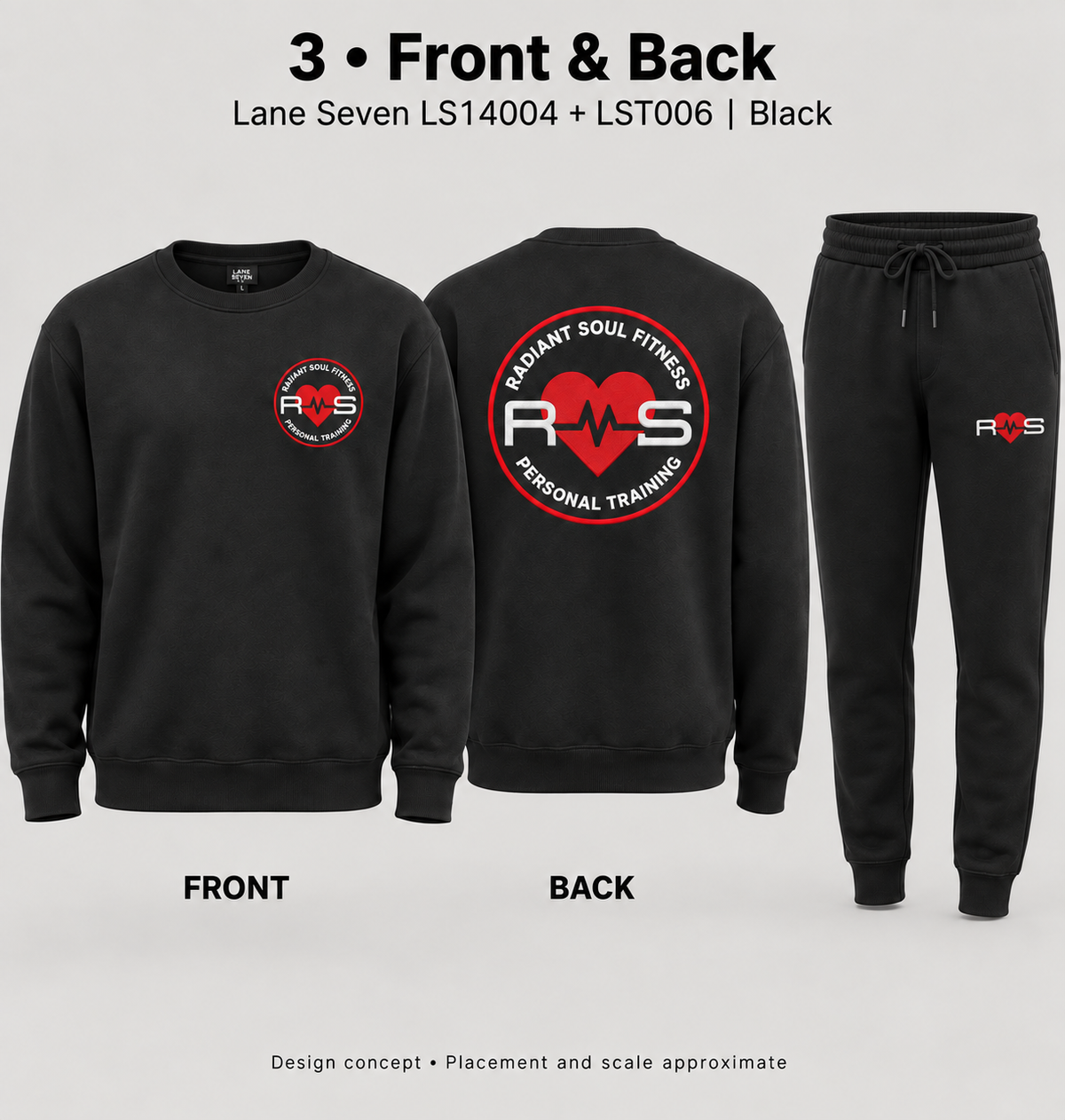 RSF black crewneck set showing optional large back logo. Concept mockup.