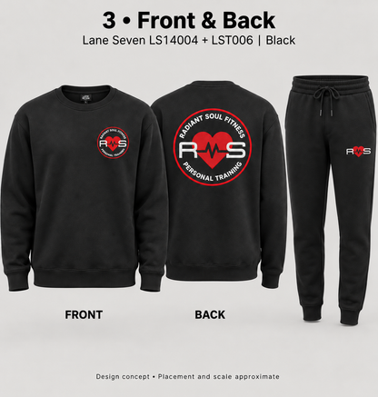 RSF black crewneck set showing optional large back logo. Concept mockup.