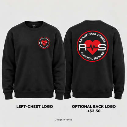 RSF black Lane Seven LS14004 crewneck sweatshirt, left-chest logo and optional back logo for $3.50 extra. Design mockup.